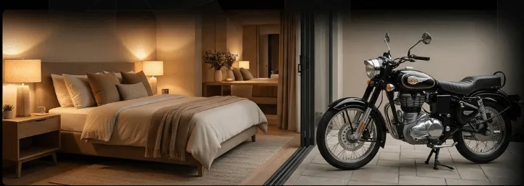 Luxury hotel room with complimentary Royal Enfield Bullet 350 on terrace